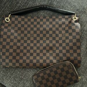 Dark brown checkered tote and matching wallet